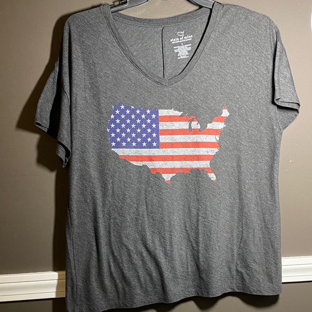 Gray State of Mind V-Neck Very Soft T-Shirt with USA Flag Map - Picture 4 of 8